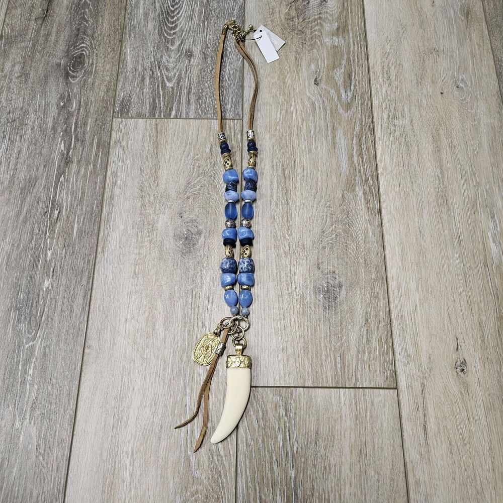 Chicos Long Statement Necklace Janet Blue Longhorn Pendant Beaded Leather Tassle